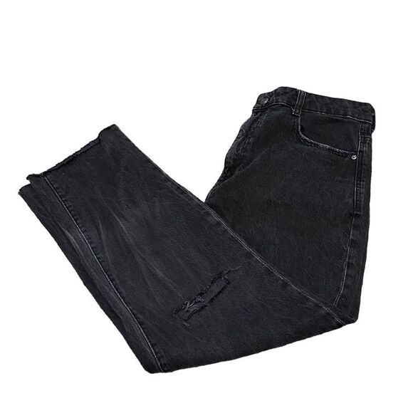 Zara Black Straight Leg High Waist Holes Knees Raw Hem Relaxed Denim Jeans - Picture 6 of 6